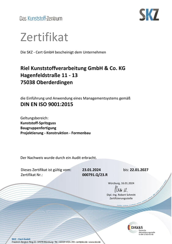 RIEL Qualitätszertifikat ISO 9001:2015